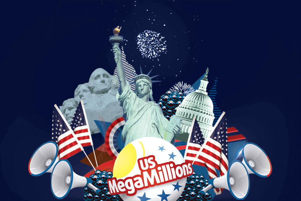 MegaMillions record jackpot American symbols surround the MegaMillions lottery icon