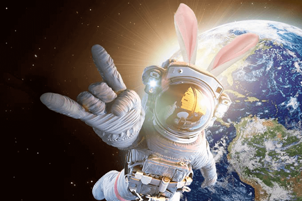 WorldMillions Easter Special Jackpot Rabbit in a space-suit orbiting the earth