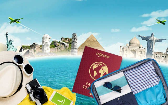 Passport to Paradise prize draw with Lottoland offering amazing holiday prizes Lottoland branded passport surrounded by famous landmarks from around the world to represent Lottoland's Passport to Paradise promotion