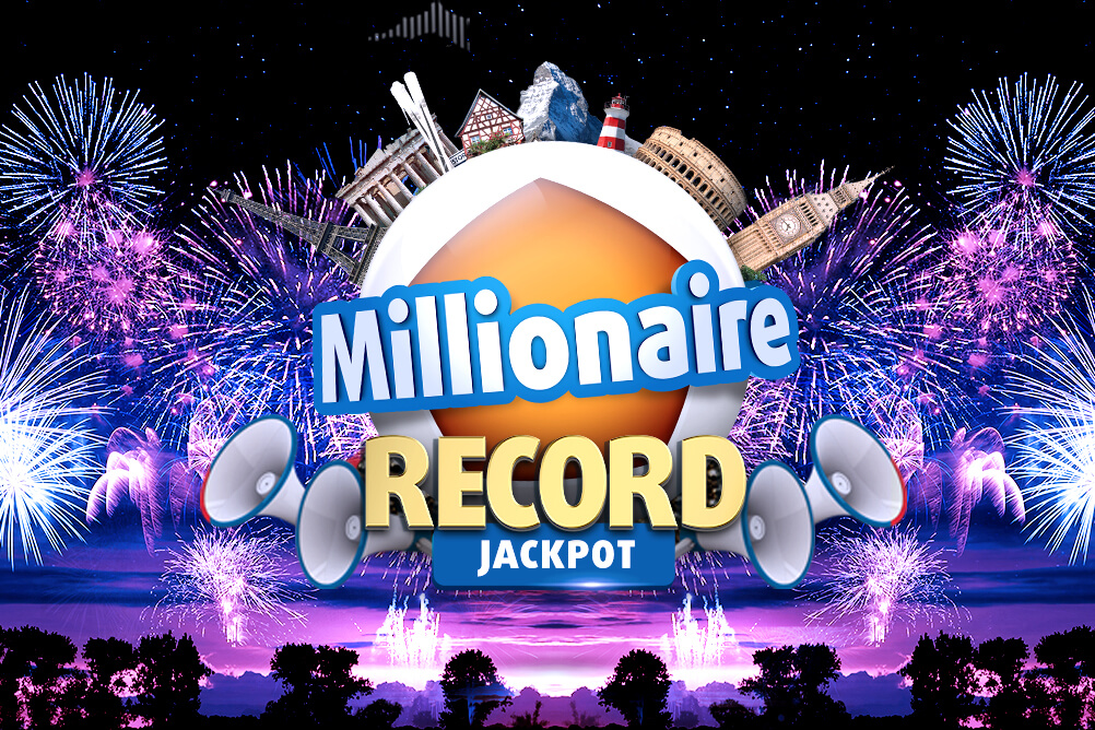 Text saying 'Millionaire record jackpot' against a background of fireworks exploding in the night sky