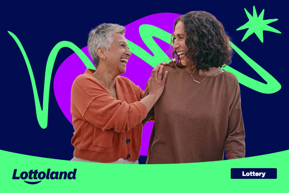 Two women smiling and talking about how much the lottery costs.