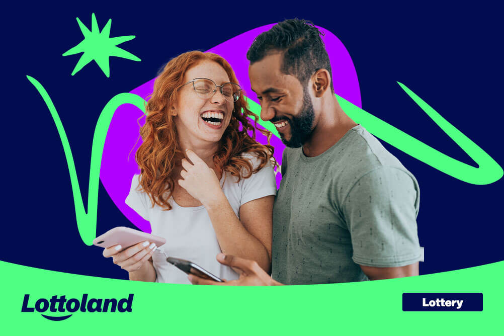 Happy man and woman discovering what happens if you find a lottery ticket. 