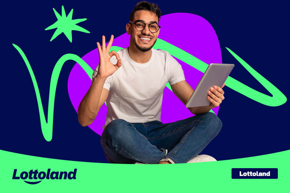 How Does Lottoland Work Smiling man holding a tablet and making an OK gesture, explaining how Lottoland works.