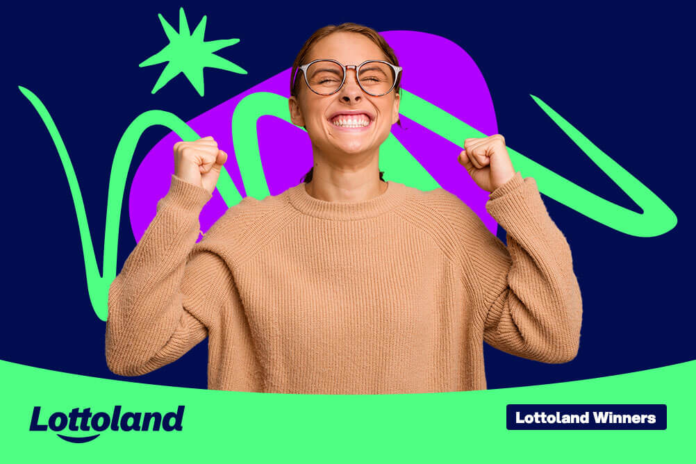Happy woman celebrating her lottery win at Lottoland, smiling with raised fists.