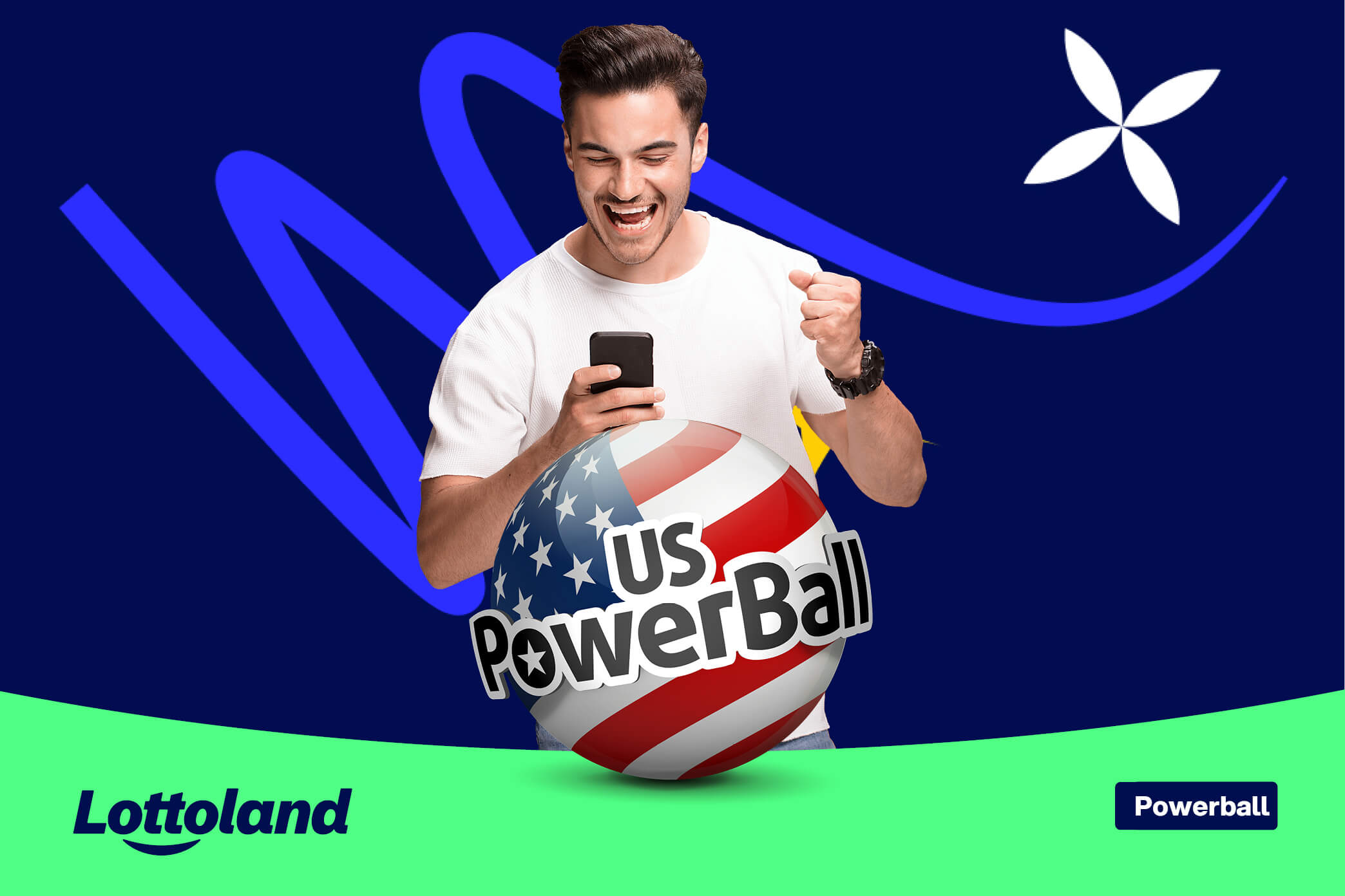 happy man on mobile phone betting on powerball