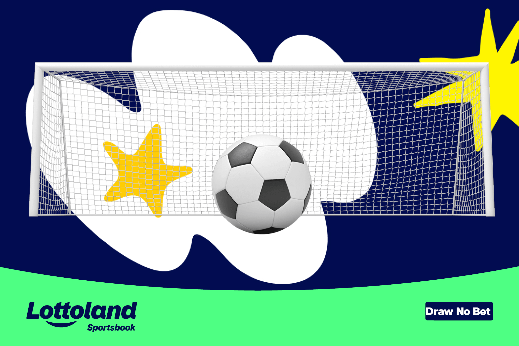 An image of a football in front of empty football net, both of which have been placed on a lottoland branded background. There is writing in the bottom right corner which says "Draw NO Bet"