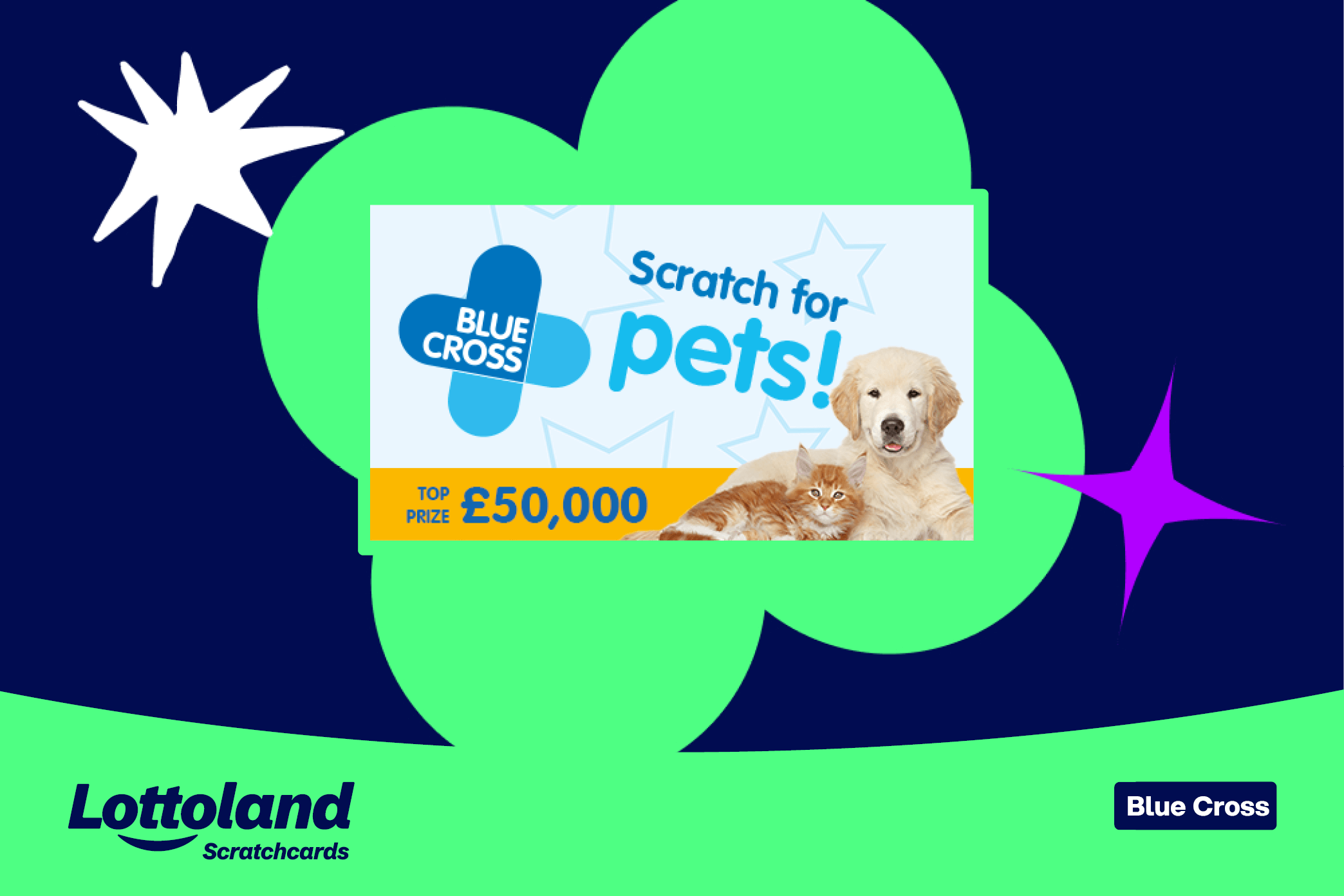 An image showing the Blue Cross For Pets scratchcard on a lottoland-branded background