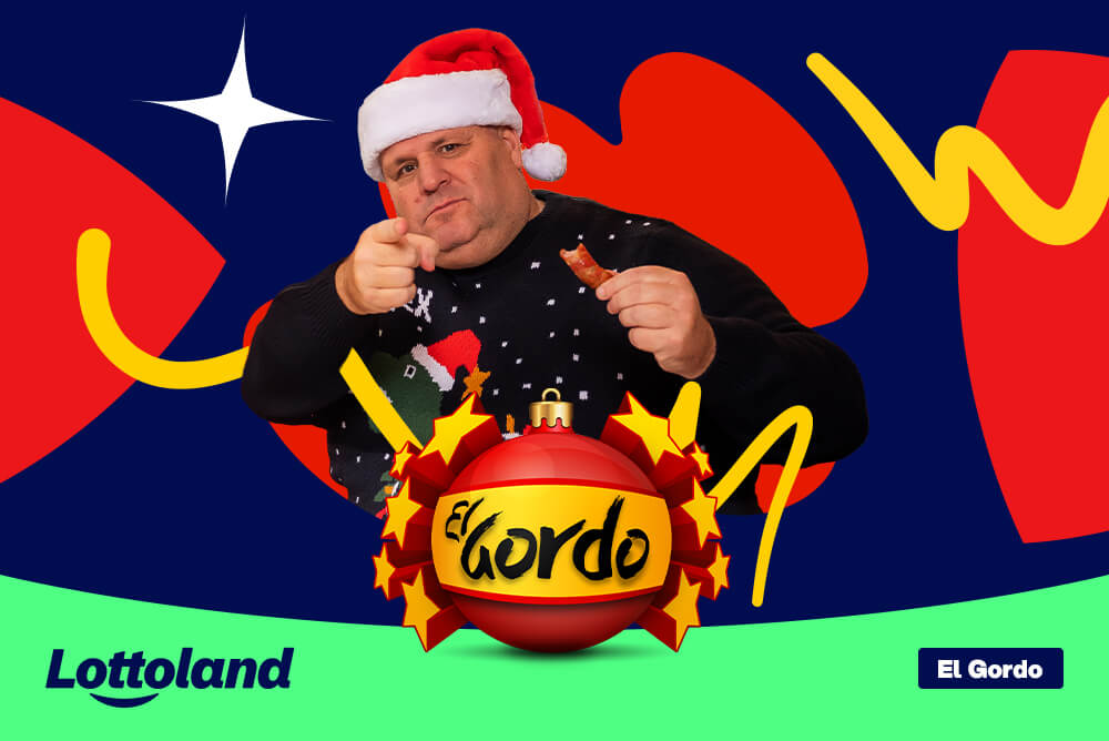 An image of influencer Big John in festive clothes. The Lottoland El Gordo logo is in the foreground