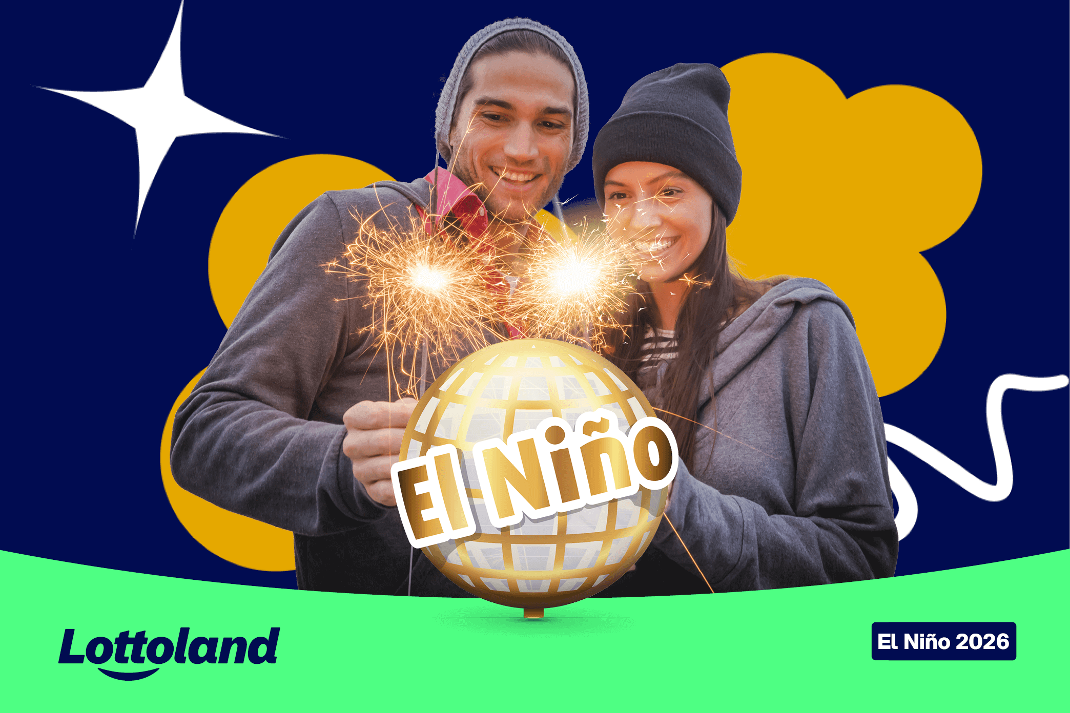 A man and a woman with sparklers, celebrating the annual El Nin1o lottery