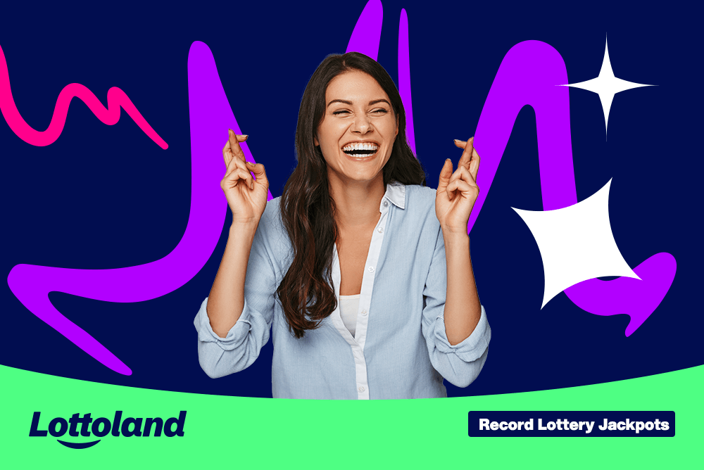 Smiling woman with crossed fingers celebrating a record lottery jackpot on a colourful Lottoland banner.