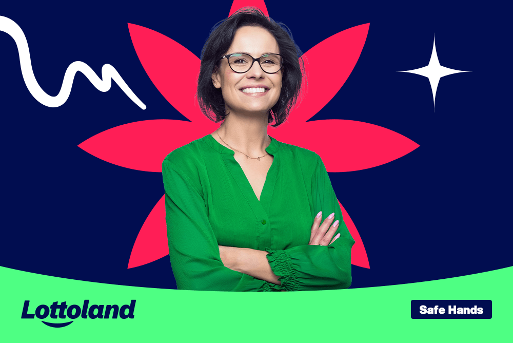 Confident woman smiling with folded arms on a colourful Lottoland banner, symbolising trust and protection, with the message to bet safely with Lottoland.