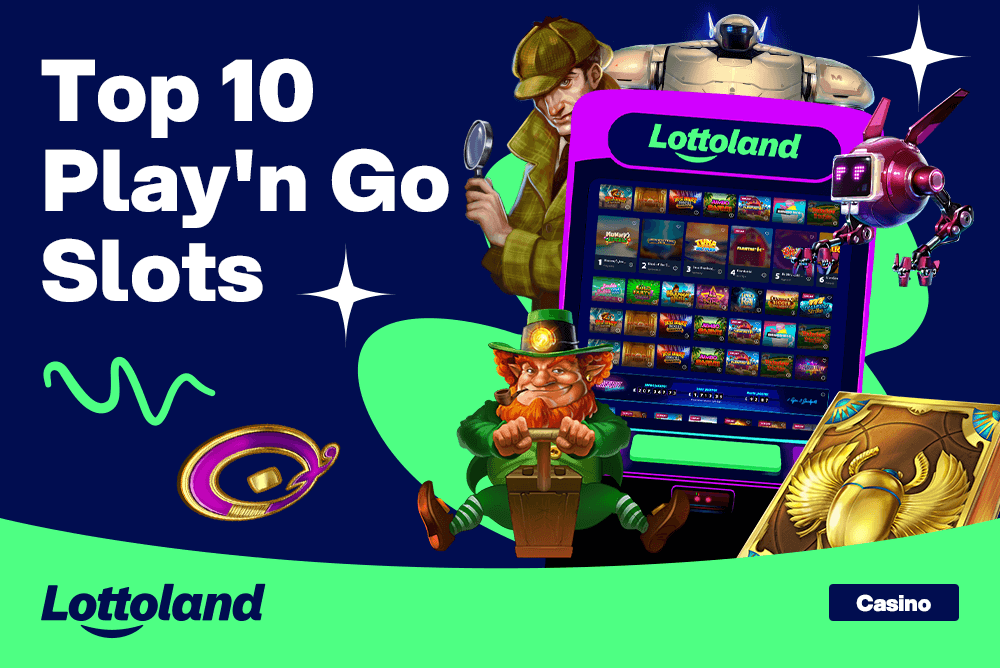 Colourful Lottoland casino graphic with a slot machine and animated characters promoting the top Play’N Go slots games.