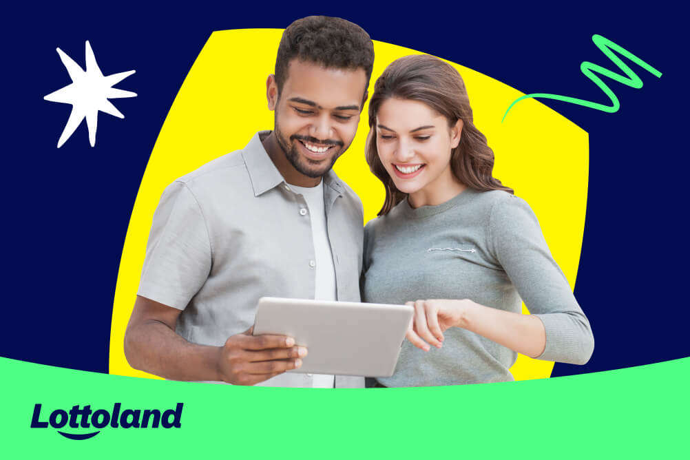A man and a woman reading about how to bet on Lottoland on their tablet