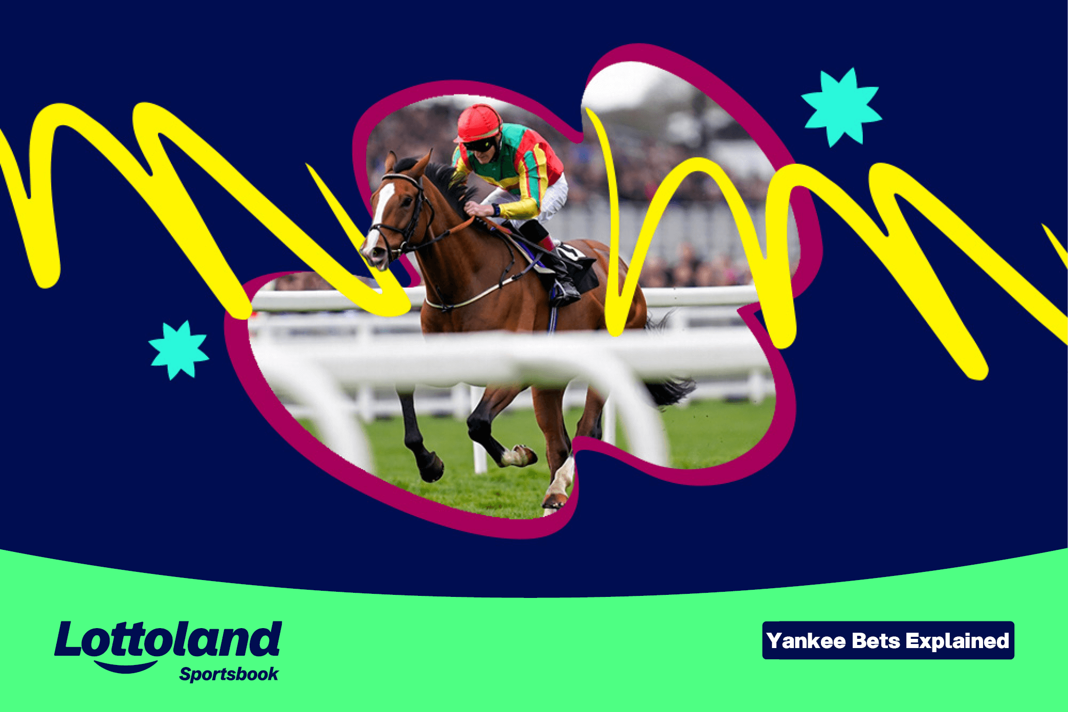 A jockey riding a horse during a race, potentially racing to help someones Yankee bet