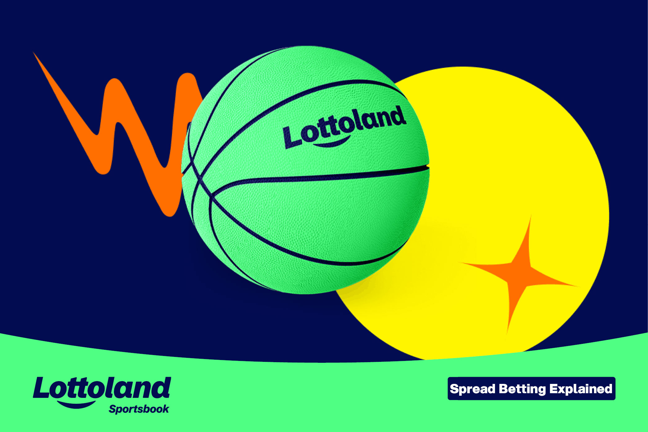 A neon green basketball on a Lottoland branded background
