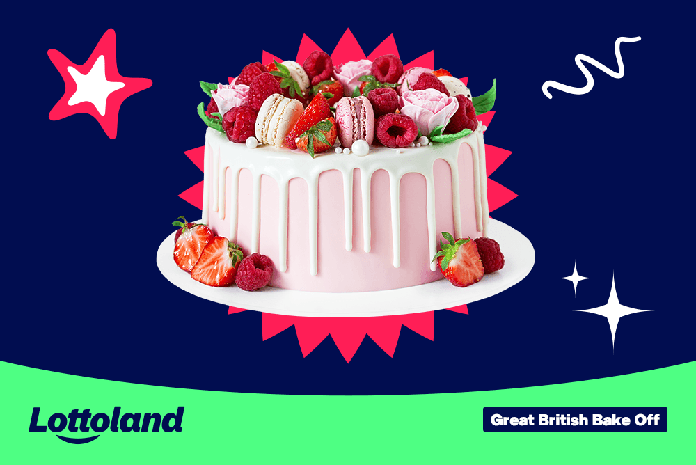 An image of a strawberry cake on a lottoland-branded background
