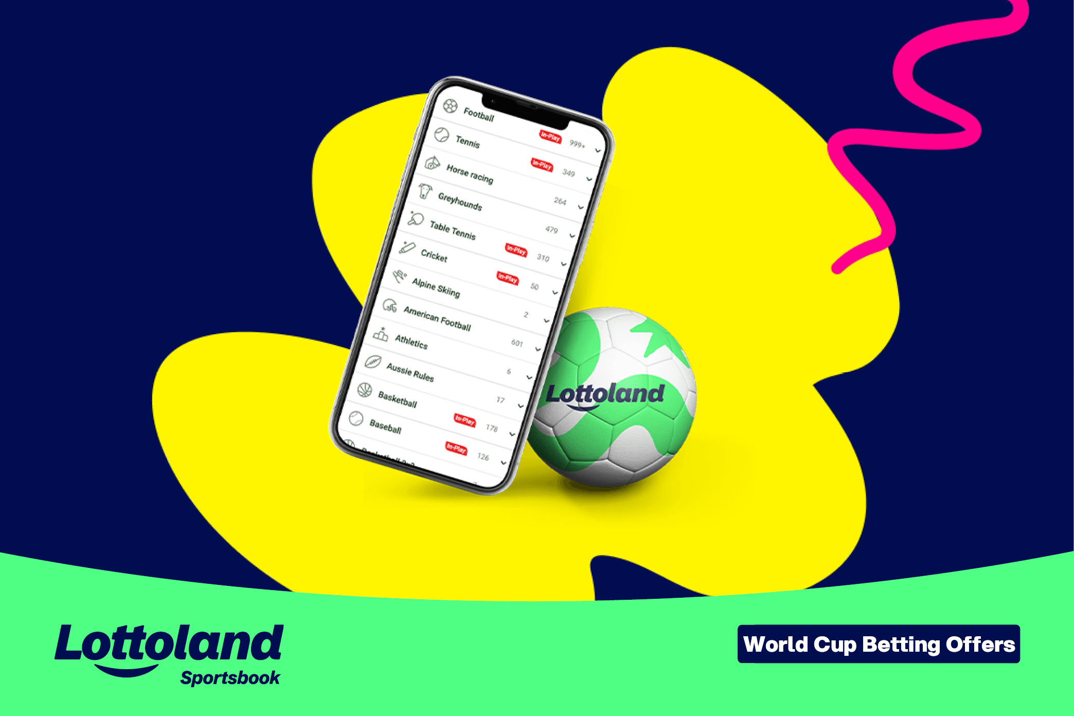 A football and a mobile phone on a lottoland branded background. The mobile phone is showing the lottoland sportsbook, where you can make the most of lottoland's world cup betting offers.