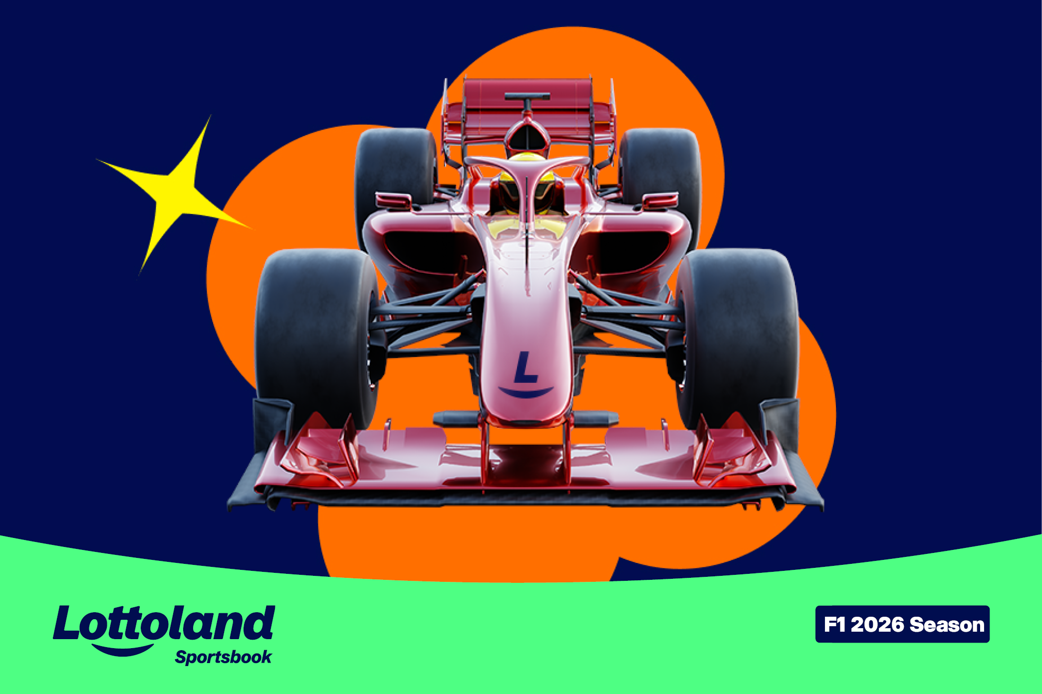 An image of a red motorsports vehicle on a lottoland branded background