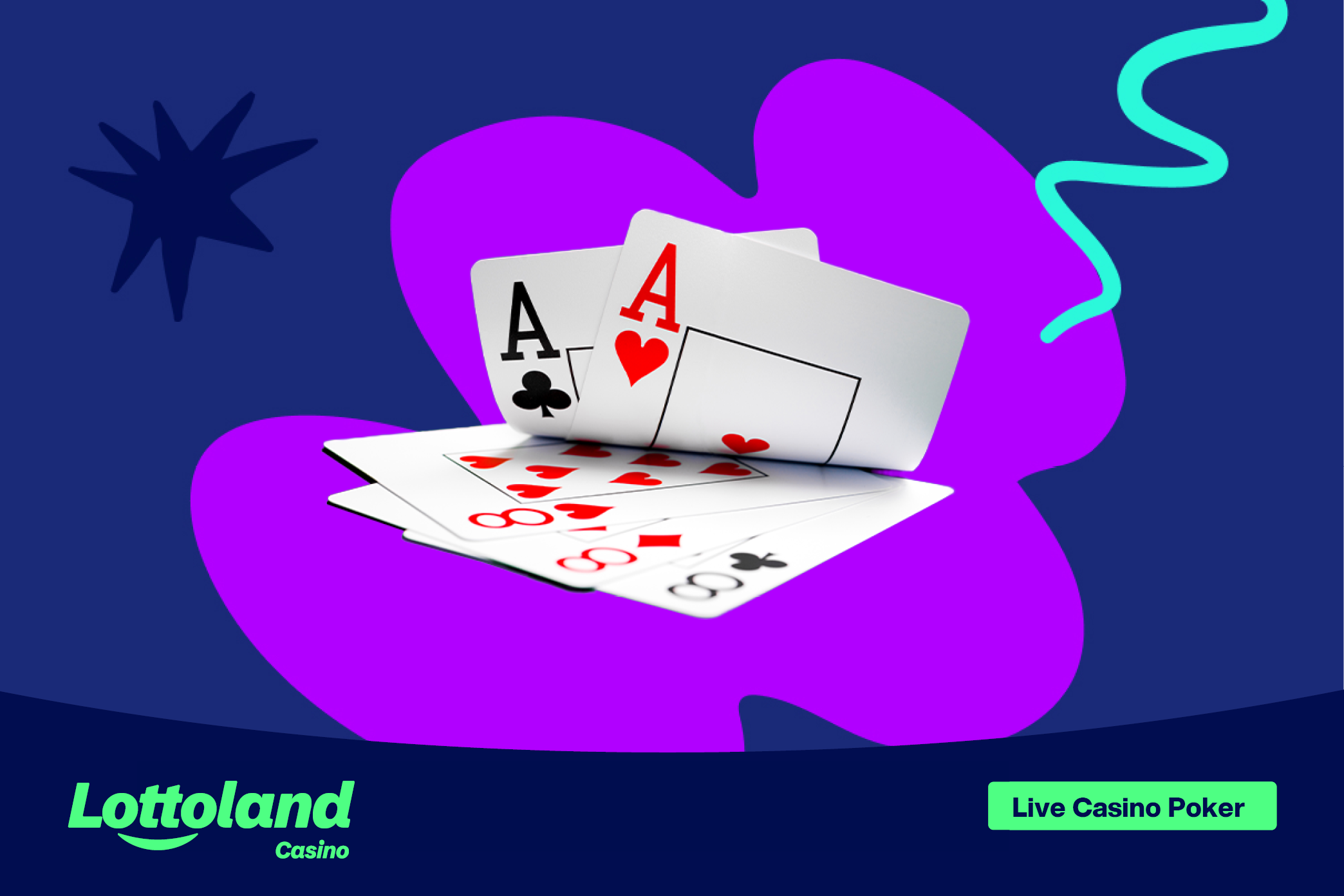 An image of playing cards which feature prminently in this selection of the best live casino poker games. In this image the cards show two Aces and three 8's on a lottoland-branded background