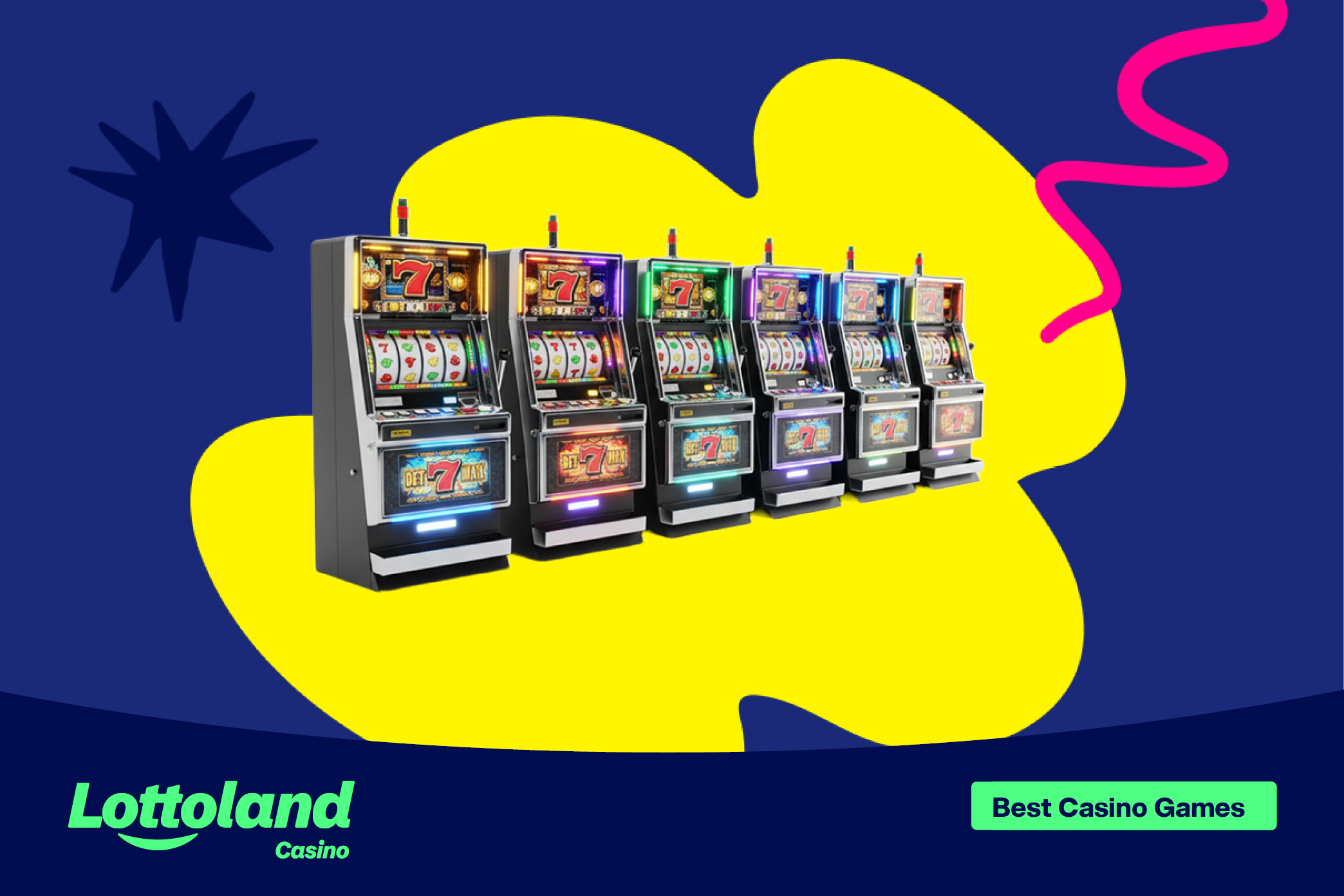 A row of physical slots on a lottoland-branded background. Could these slots make the list of best online casino games?