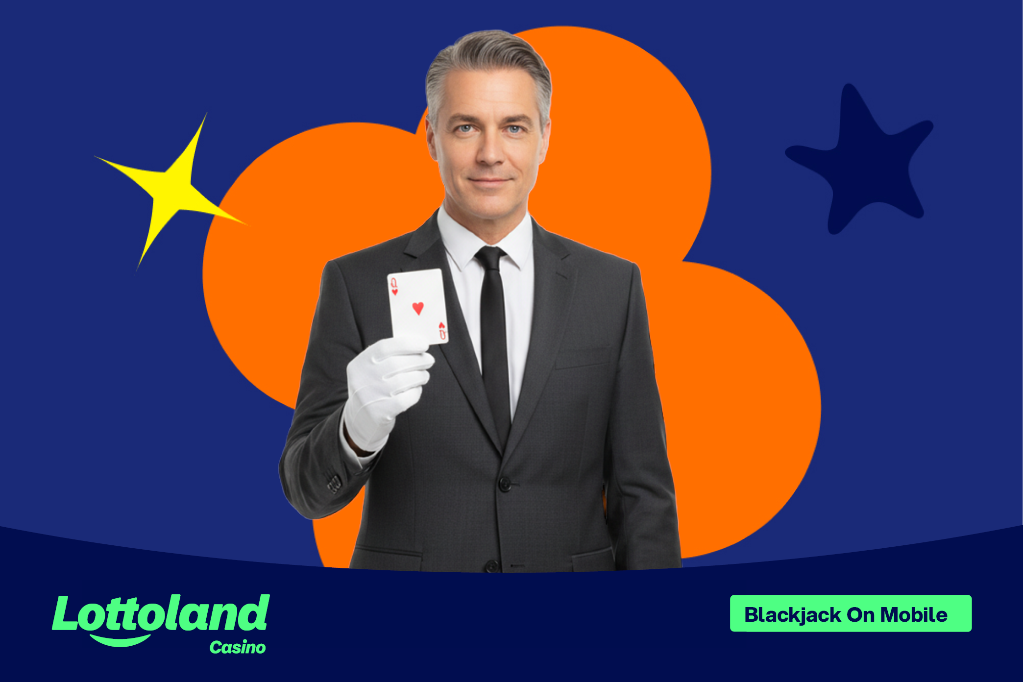 A croupier holding a playing card, similar to what you may see when playing live mobile blackjack