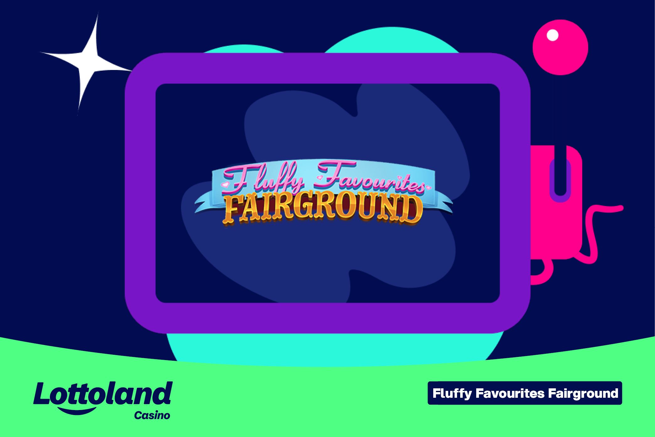 The Fluffy Favourites Fairground logo on a lottoland branded background