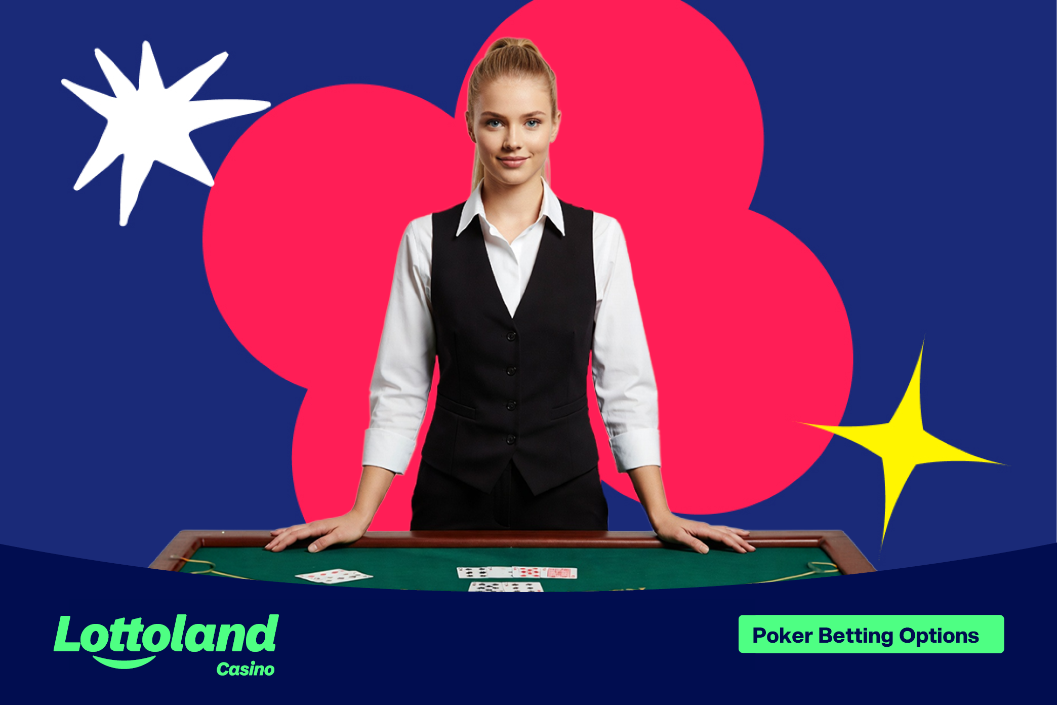 A female croupier standing at a casino poker table, waiting for which poker betting option the player will choose